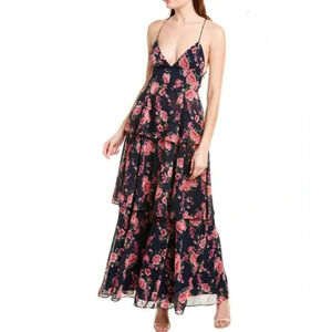 Fame & Partners Wyatt Floral Tiered Chiffon lace up plunge maxi Dress US 12